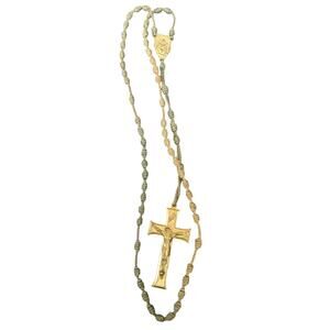 Macrame Miraculous Medal Rosary Beads Virgin Mary Gold Tone Olive Ombre VTG 70's